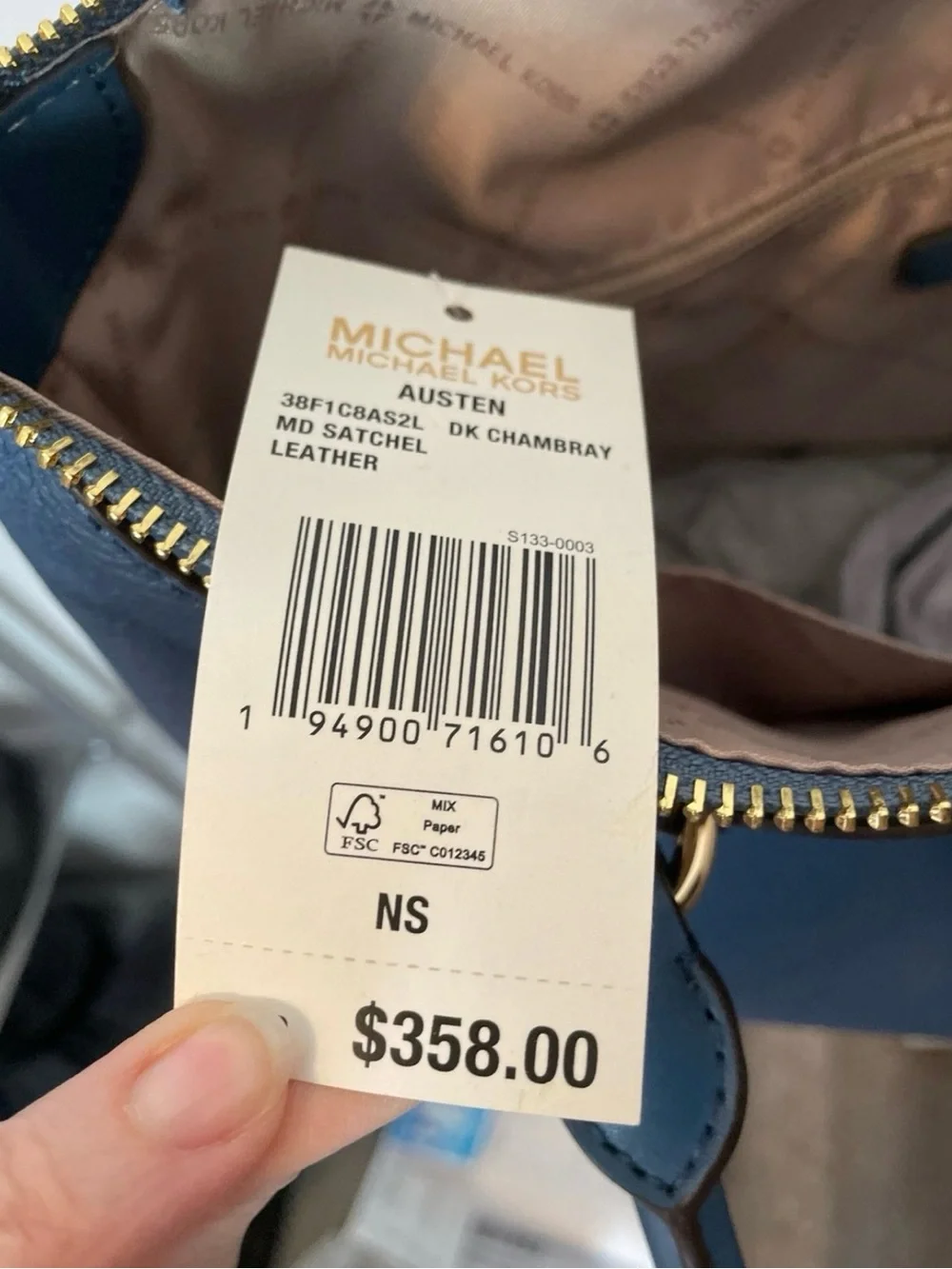 Michael Kors Navy Blue Pebbled Leather Satchel with MK Charm